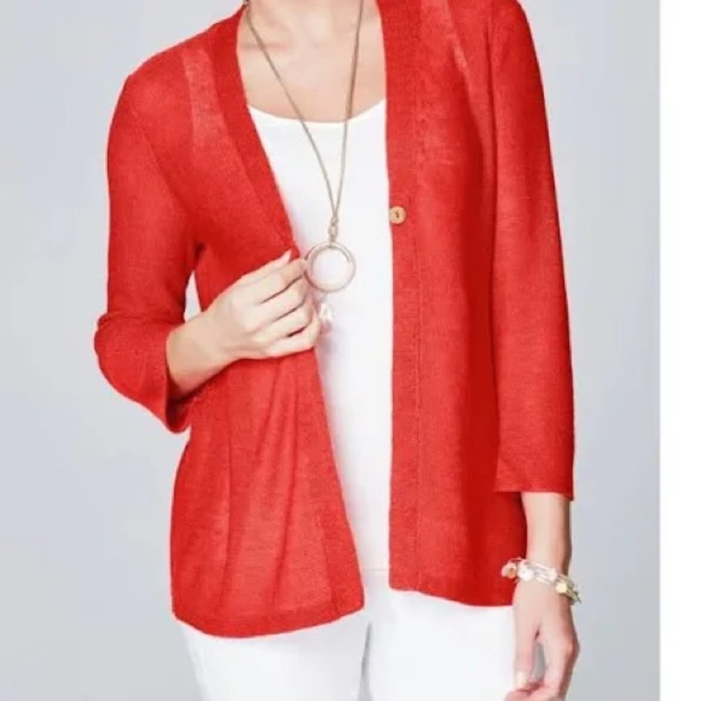 J. Jill Linen Knit Cardigan Lightweight V-Neck 3/4 sleeves size Large Papaya Red